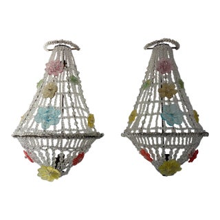 Huge Beaded Colorful Murano Flowers Sconces, Circa 1940 Italian One of a Kind - a Pair For Sale