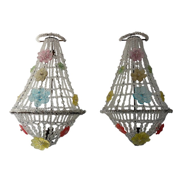 Huge Beaded Colorful Murano Flowers Sconces, Circa 1940 Italian One of a Kind - a Pair For Sale