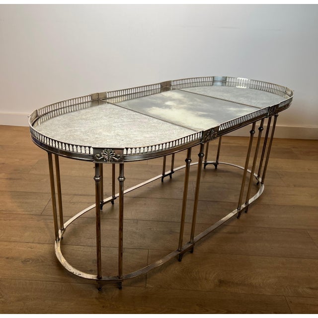 Neoclassical style coffee table in silver metal with antique mirror top For Sale - Image 6 of 12