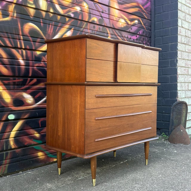 Mid-Century Modern United Mid Century Walnut and Brass Highboy Dresser For Sale - Image 3 of 12