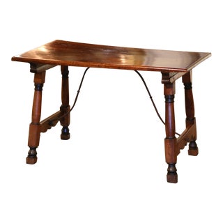 18th Century Spanish Carved Walnut Desk Writing Table With Iron Stretcher For Sale