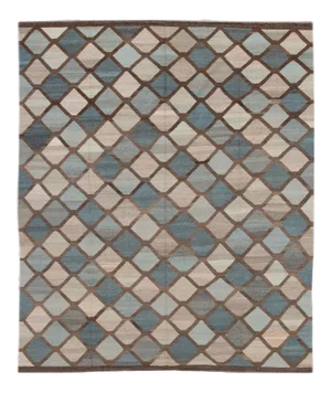 Handcrafted Wool Kilim Rug Featuring a Blue Geometric Design