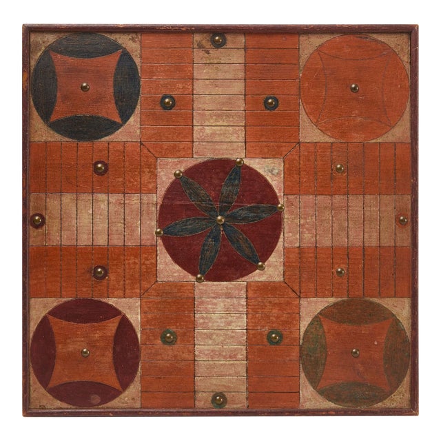 19th-Century New England Parcheesi Gameboard With Brass Tacks, For Sale