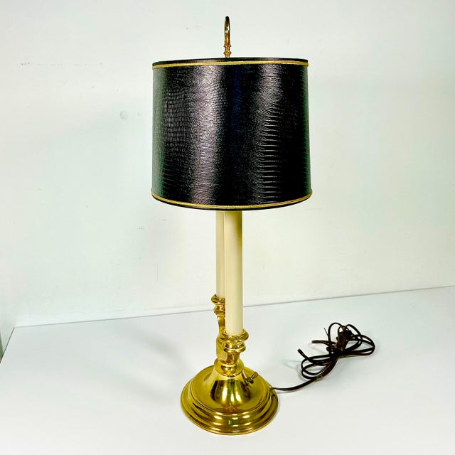Mid-Century French Regency Neoclassical Bouilette Table Lamp & Reptile Embossed Black Shade For Sale - Image 12 of 15