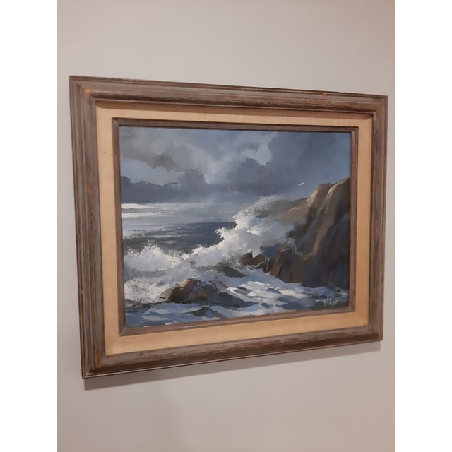 Mid-Century Modern 1970s Doug Oliver Painting "Seascape" on Canvas 16"x20" Wood Framed Early Work For Sale - Image 3 of 14