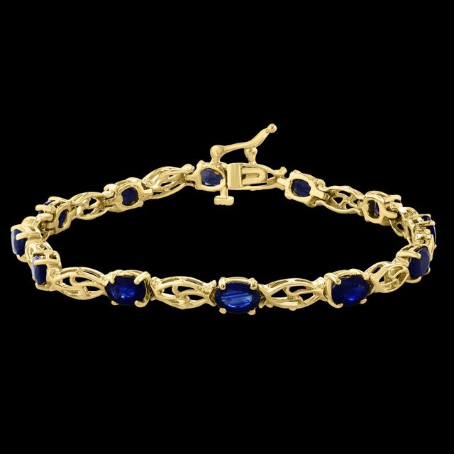 8Ct Natural Oval Blue Sapphire Tennis Bracelet 14 Karat Yellow Gold, 7 Inch Long For Sale - Image 14 of 18