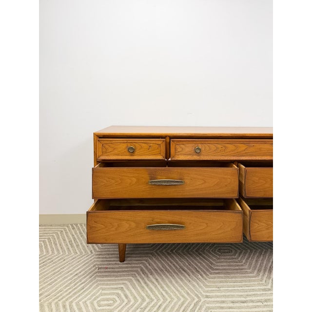 Brown Heritage MCM Lowboy 7-Drawer Dresser Unique Brass Pulls Vintage Long Dresser For Sale - Image 8 of 14