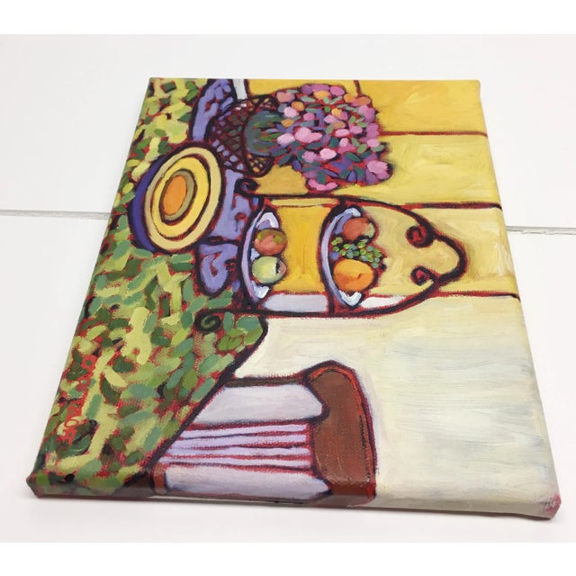 Textile Garden Table - Vibrant Oil Painting With Flowers and Fruit For Sale - Image 7 of 7