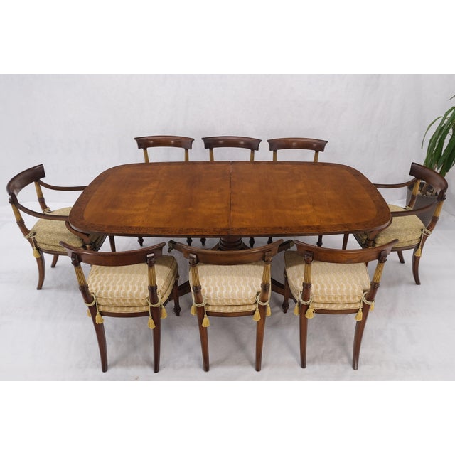Single Pedestal One Leaf Oval Banded Dining Table 8 Regency Chairs Set MINT! For Sale - Image 14 of 18