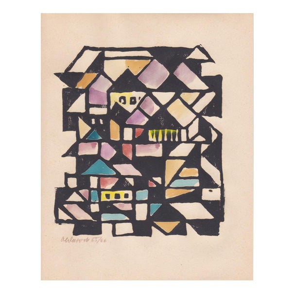 Lothar Schreyer, Composition, 1945, Gouache, Woodcut, Paper For Sale