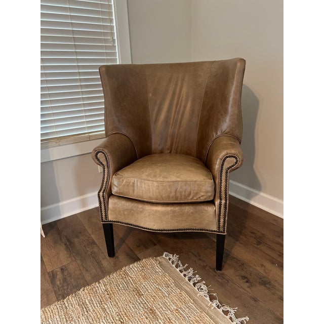 Mid-Century Modern Stanford Furniture Leather Wingback Accent Chair – Cognac Full-Grain Leather For Sale - Image 3 of 11