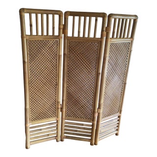 Vintage Tall Hawaiian 3 Panel Woven Double Sided Bamboo Privacy Screen - Made in Hawaii For Sale