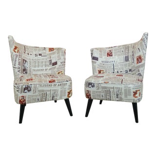 Newspaper Print Upholstered Modern Design Fireside Chairs - a Pair For Sale