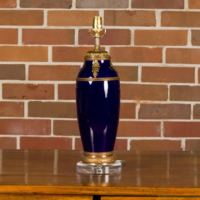 19th Century 19th Century French Blue Cobalt Vase Made into a Table Lamp on Lucite For Sale - Image 5 of 12