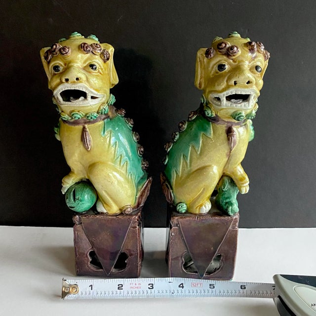 Antique Chinese Foo Dog / Guardian Lion Mustard and Green Figurines - a Pair For Sale - Image 4 of 12