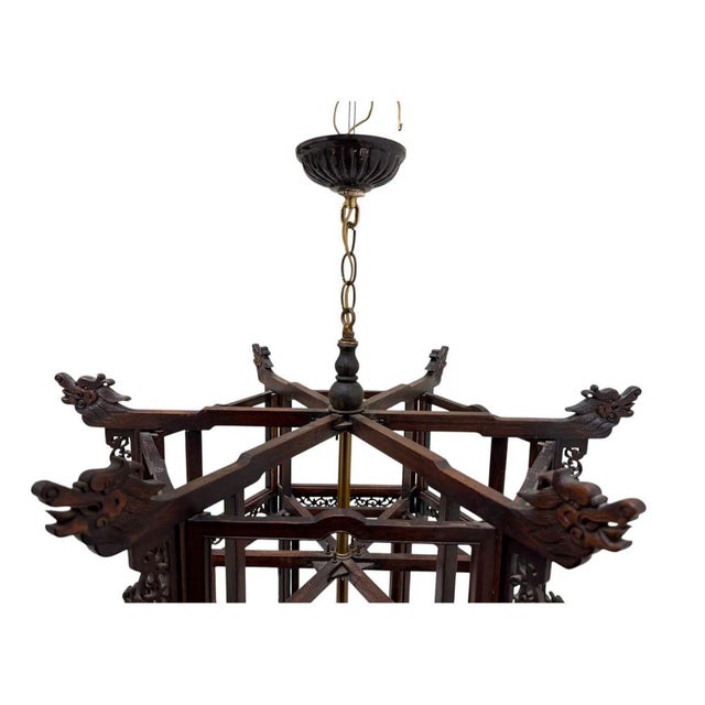 Chinese Carved Hardwood Three Light Lantern With Dragon Detail For Sale - Image 4 of 4