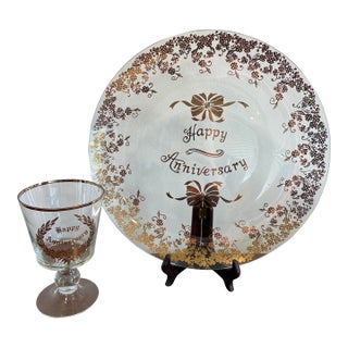 Vintage “Happy Anniversary” Gold Floral Glass Plate and Goblet Set For Sale