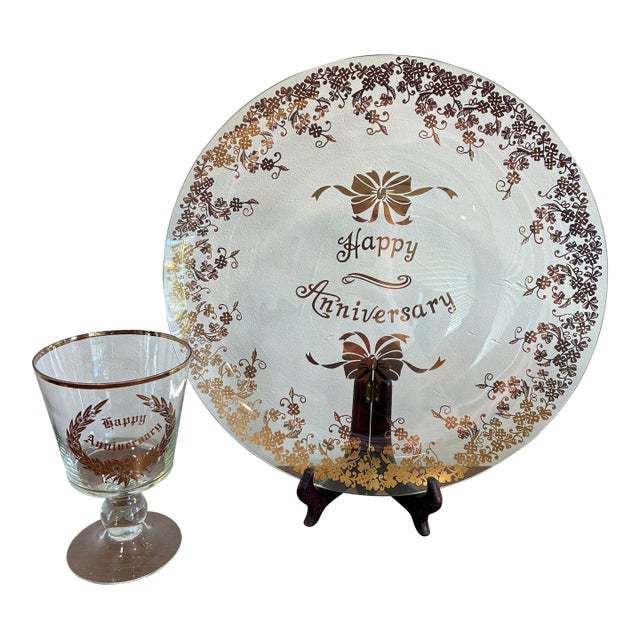 Vintage “Happy Anniversary” Gold Floral Glass Plate and Goblet Set For Sale