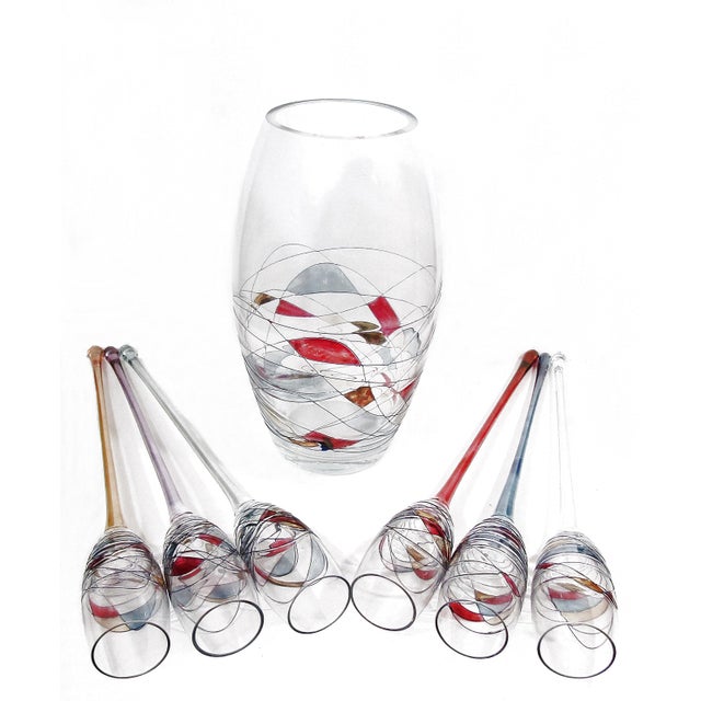 French Vintage French Style Hand Blown Art Glass Long Stem Champagne Flutes With Matching Vase - 7 Piece Set For Sale - Image 3 of 14