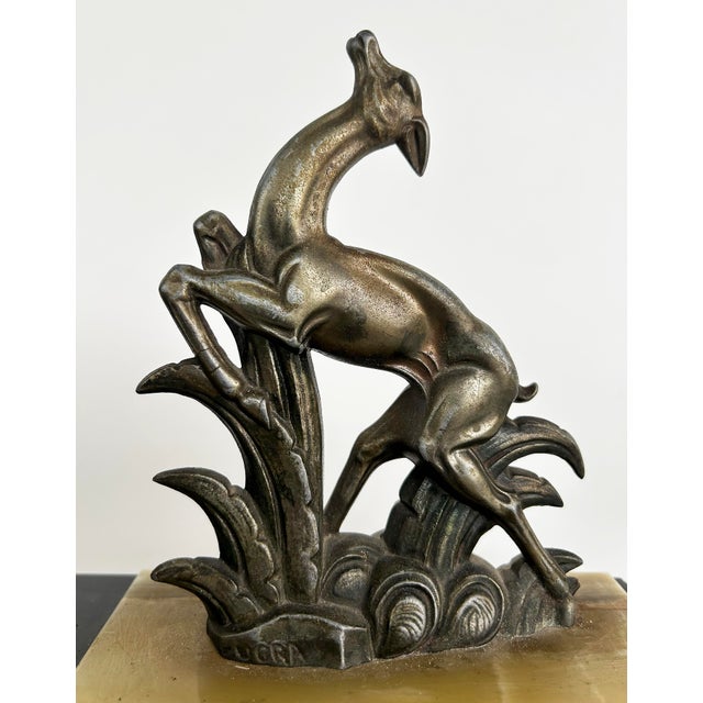 Onyx French Art Deco Marble Onyx Mantel Clock With Gazelles Signed Ucra 1930s For Sale - Image 8 of 10