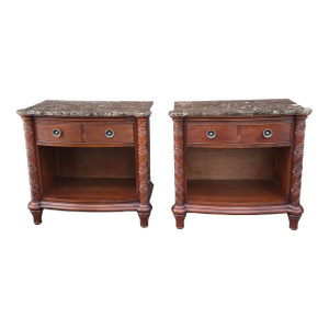 Pair of Antiquities by Stickley Cherry and Marble Top Side Tables Nightstands