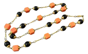 1970s Costume Jewelry Brass and Black and Orange Beads Italian Chain Necklace