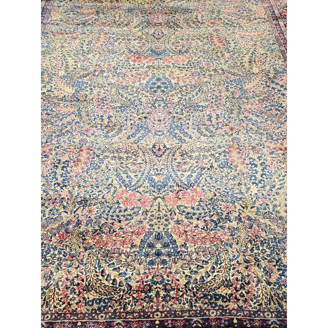 Vintage Oversized Persian Kerman Lavar Rug, Hand-Knotted Wool, Floral Pattern, Ivory & Blue, 11’ X 18’ For Sale - Image 9 of 16