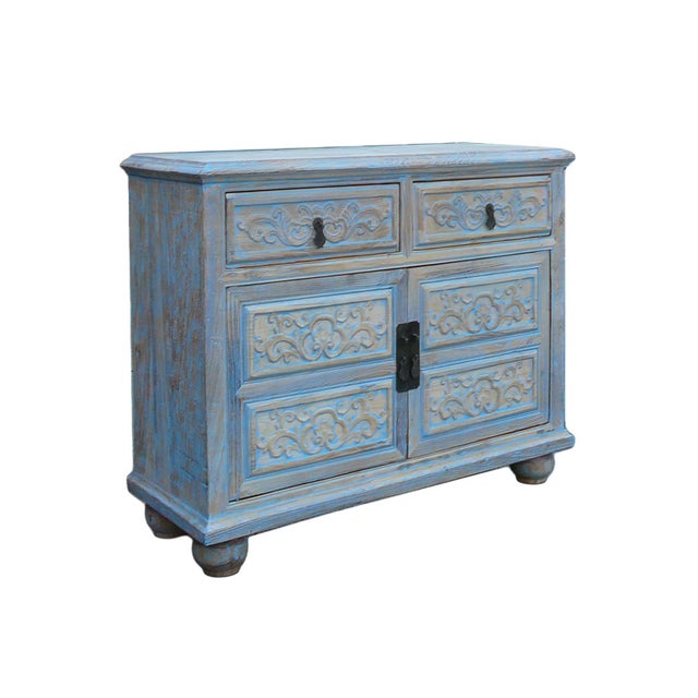 Oriental Floral Shabby Chic Rustic Light Blue High Credenza Cabinet For Sale - Image 10 of 10