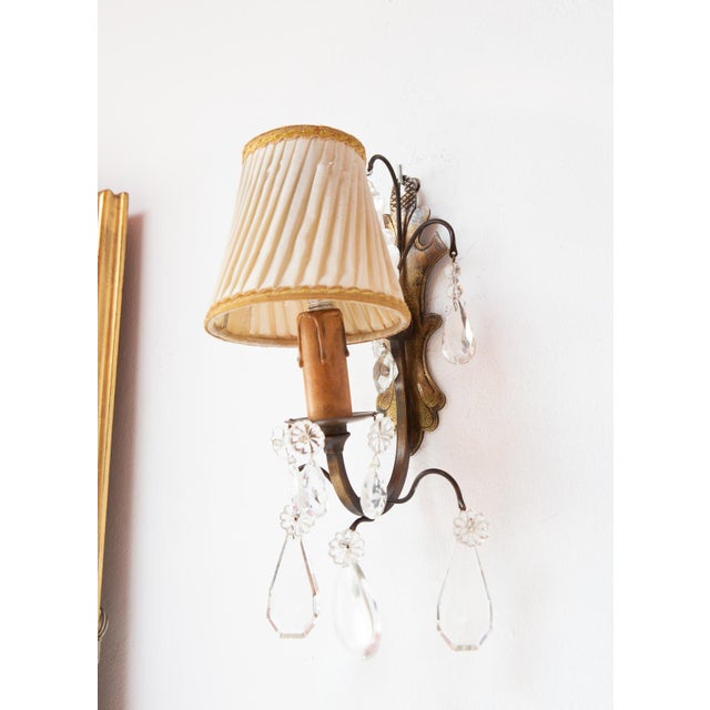 Antique French Brass and Crystal Wall Sconces, 1930s, Set of 2 For Sale - Image 4 of 11