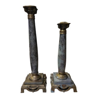 Vintage Pair Marble and Brass Neoclassical Candleholder Columns For Sale