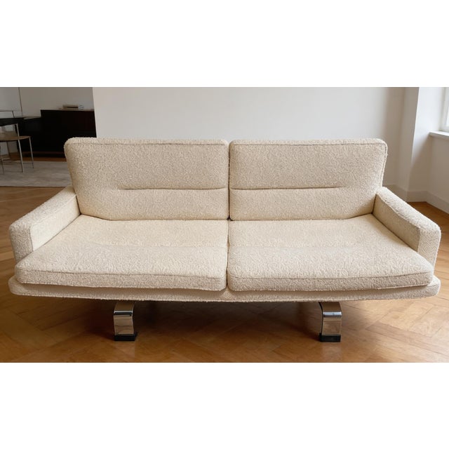 Saporiti Italia 3-seater designer sofa. Chromed metal legs and white looped sling seat. Seat height 37cm. Seat depth with...