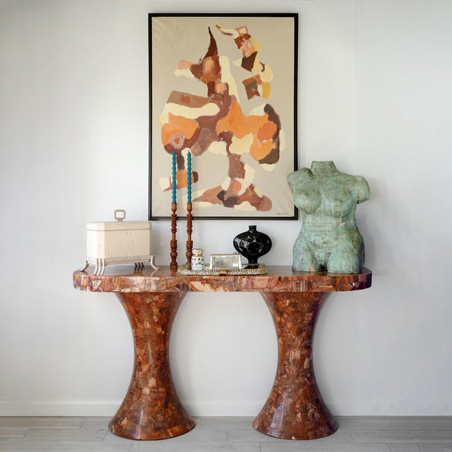 Vintage circa 1960s Muller's of Mexico onyx double pedestal console table. Shades of red and brown onyx cover this rare...