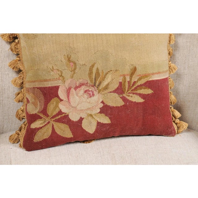 Textile French 19th Century Aubusson Tapestry Pillow with Rose, Foliage and Tassels For Sale - Image 7 of 13