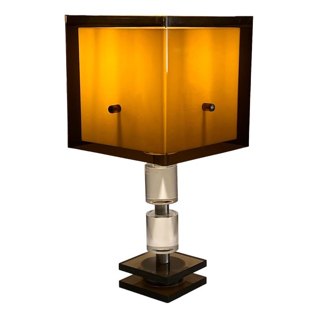 Large Space Age Geometric Table Lamp in Amber and Smoked Acrylic Glass, Italy, 1970s For Sale