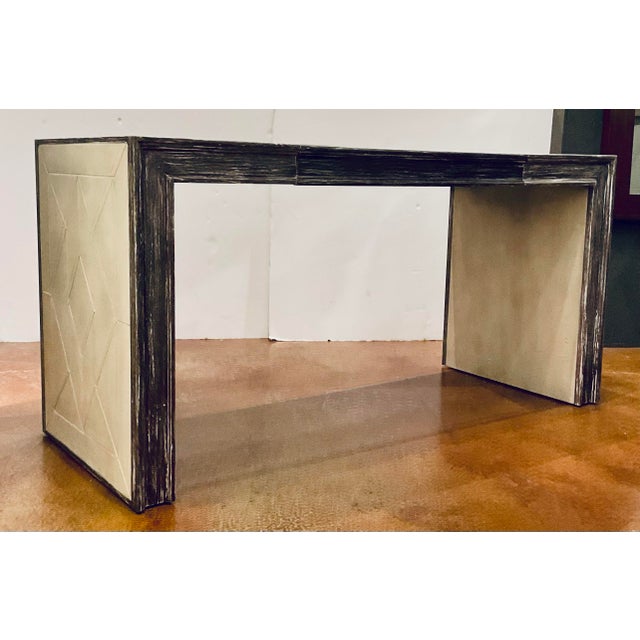 Stylish Hickory White Cerused Wood Textured Writing Desk, antiqued cream finished top and sides, geometric design, one...