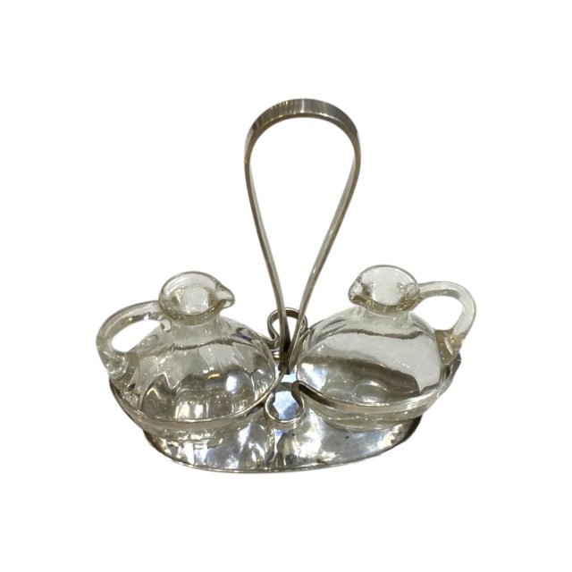 Arthur Krupp Mid 20th Century Arthur Krupp Milano Oil and Vinegar Glass and Silverplate Cruet Set - 3pcs, Gio Ponti Style For Sale - Image 4 of 16