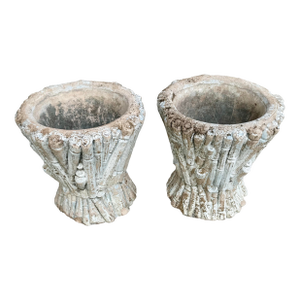 Perfectly Chippy Pair of 1970s Faux Bois Cast Stone Planters