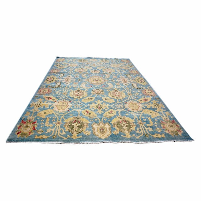 Afghan Sultanabad Wool 6x9 Light Blue, Olive Green & Yellow Handmade Area Rug #1144039