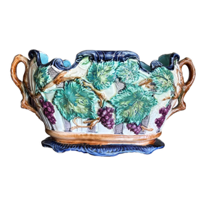 Vintage Majolica Grape Vine Jardinière Planter Cobalt Blue