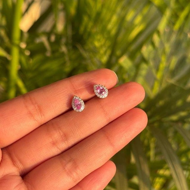 Mid-Century Modern Natural Pear Cut Pink Sapphire & Diamond Halo Stud Earrings in 18k White Gold- 2 Pieces For Sale - Image 3 of 13