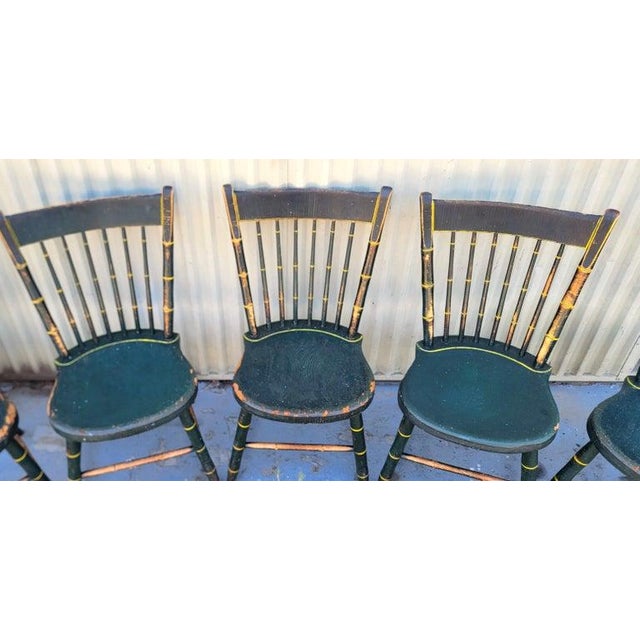Collection of 19thc Original green & mustard striped thumb back Windsor chairs in fine condition and very sturdy.These...