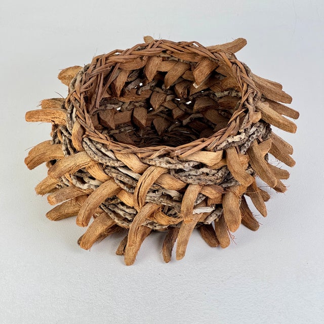 American Vintage Hand Woven Round Basket Made From Coconut Leaves & Husk Shells For Sale - Image 3 of 6
