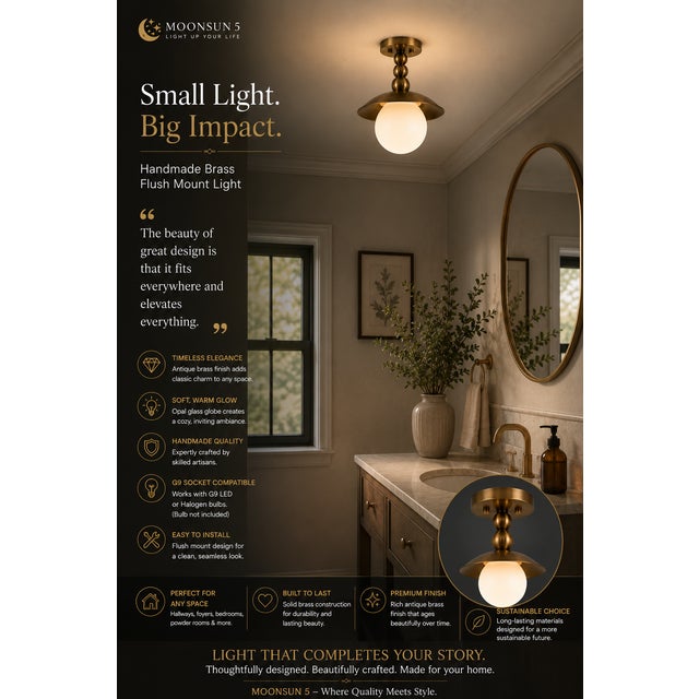 Brass Handmade Brass Flush Mount Ceiling Light, Mid Century Modern Globe Ceiling Fixture, Antique Brass Semi Flush Mount Light for Hallway Bedroom For Sale - Image 8 of 11