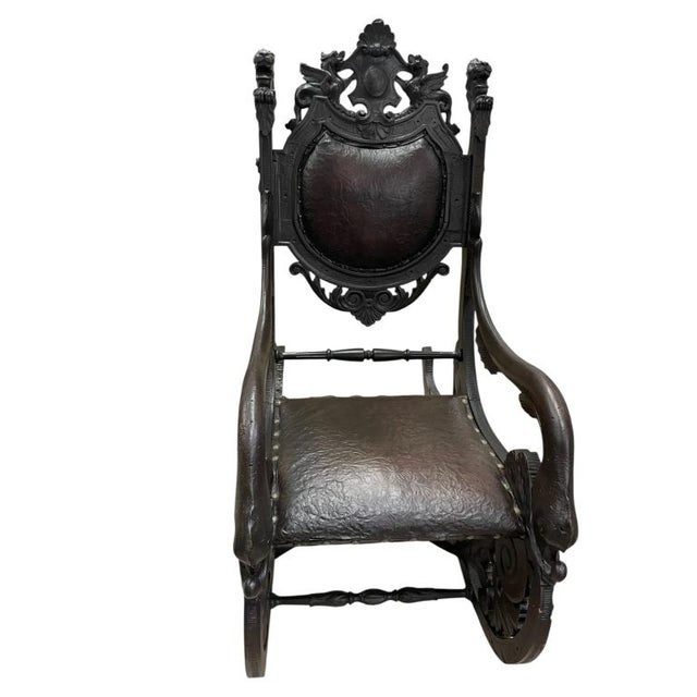 Antique Gothic Revival Carved Wood Rocking Chair Griffin Lion Figural Rocker 54" For Sale - Image 15 of 17