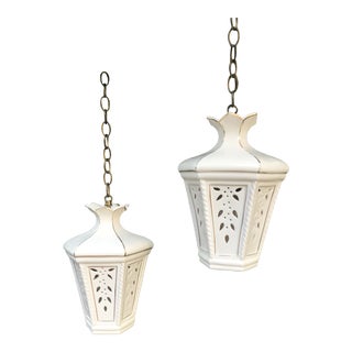 1960s Mid-Century Palm Beach Chic, Chinoiserie, White Ceramic Pendant Light Fixtures - a Pair For Sale
