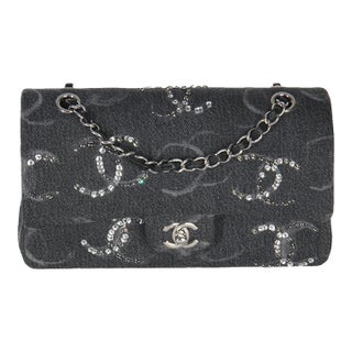 Black Denim Sequin CC Medium Classic Double Flap Bag For Sale