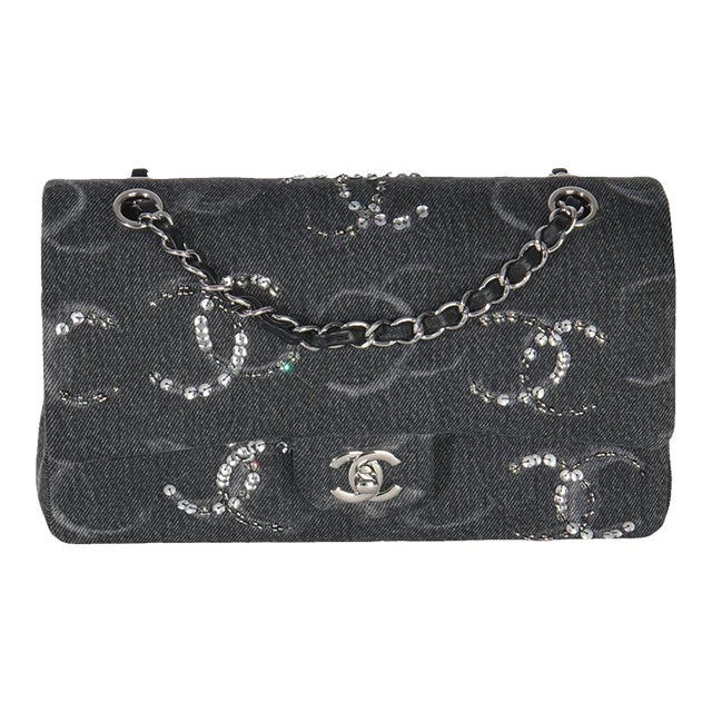 Black Denim Sequin CC Medium Classic Double Flap Bag For Sale