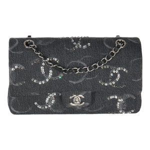 Black Denim Sequin CC Medium Classic Double Flap Bag