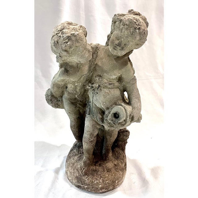 Gray Vintage Mid-Century Neoclassical Weathered Concrete 18" Cherub Fountain Sculpture For Sale - Image 8 of 16