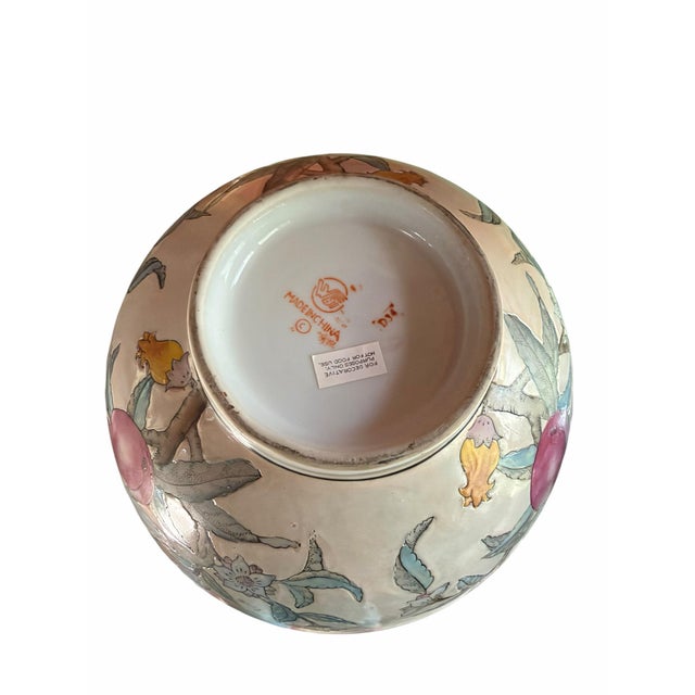 Vintage Chinese Porcelain Fruit & Floral Bowl | Hand-Painted Famille Rose Style Centerpiece Bowl For Sale - Image 10 of 10